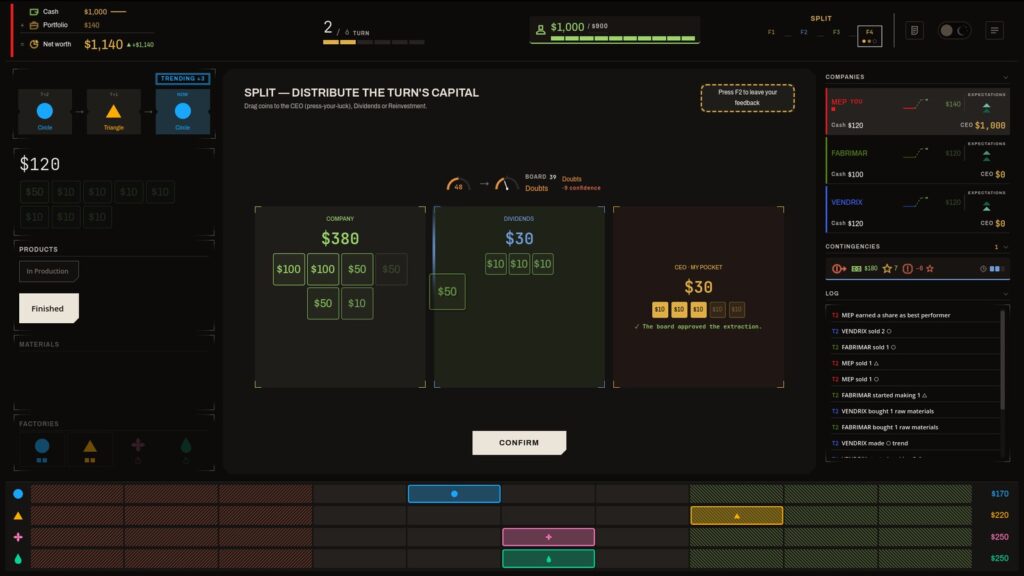 Market Fit screenshot: split the turn capital (dark theme)