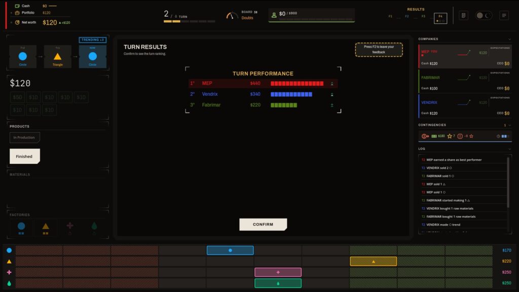 Market Fit screenshot: turn results (dark theme)
